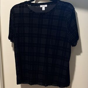 Nine West Black Plaid Soft Velour Short Waisted Short Sleeve Top